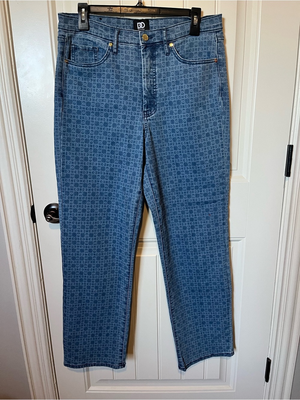 High-Rise Printed Blue Jeans — Designer Logo Detail